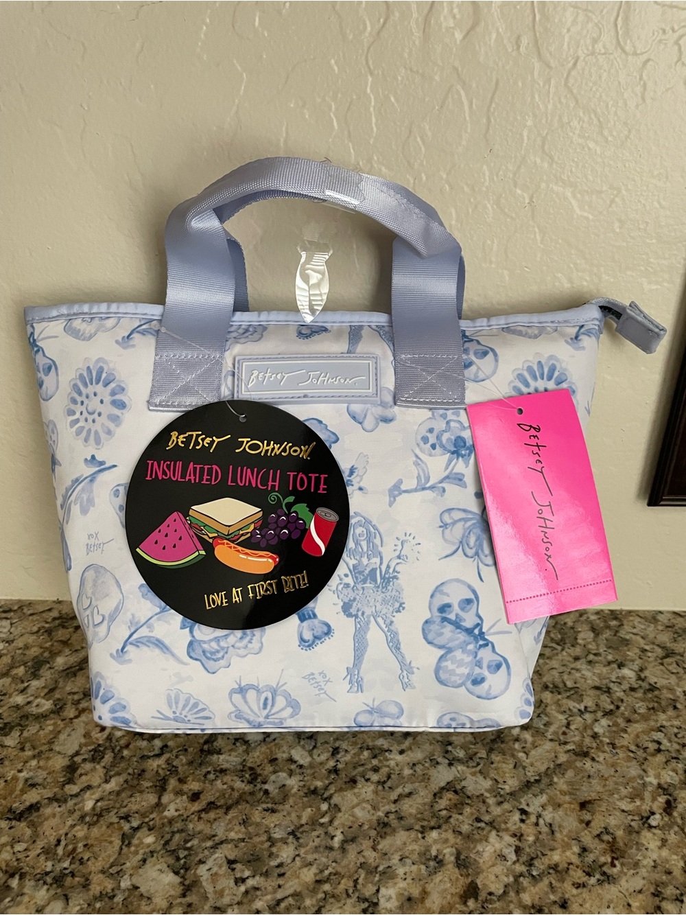 Betsey Johnson Light Blue & White Floral  & Skulls Insulated Tote